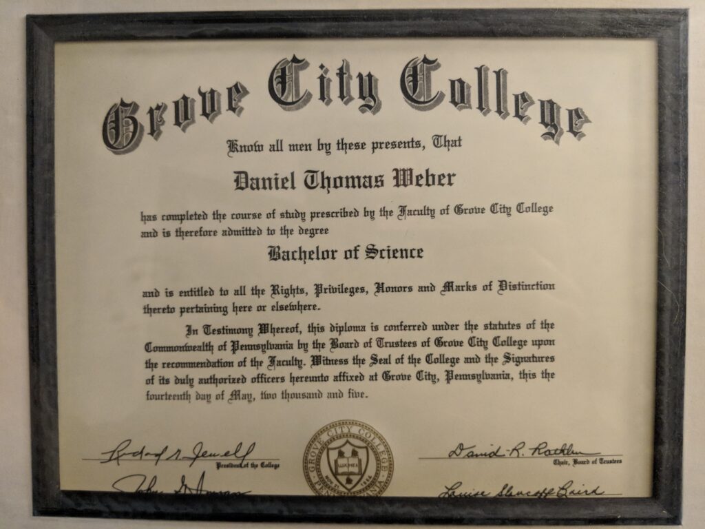 Earned a Bachelors degree in Business Management – Grove City College, PA